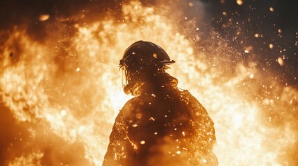 Firefighter battling intense flames in a dramatic scene