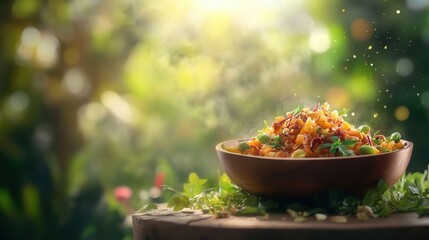 Food commercial advertisement with vibrant dish  on blurred background 