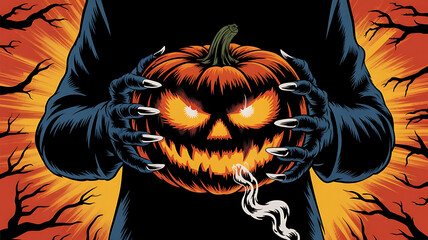 Halloween Horror A Grim Reaper Holding a Glowing Jack O Lantern with Spooky Background and Glowing Eyes