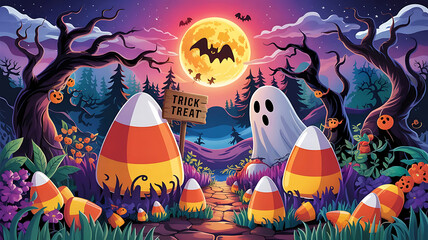 Halloween night spooky scene with candy corn ghost and trick or treat sign under full moon illustration