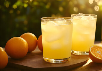 Orange juice in glasses with ice and oranges