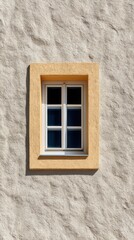 Bright Window with Yellow Frame on Textured Beige Wall Surface