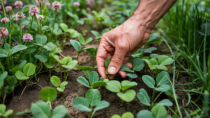Hand Picking Fresh Green Sprouts in Garden Agriculture and Sustainable Farming Concept with Clover Flowers