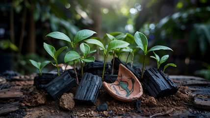Hope springs from ashes green shoots emerge from charcoal with broken pottery a symbol of resilience and new beginnings
