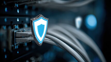 Cybersecurity shield interface over a network cable setup, symbolizing IT system protection