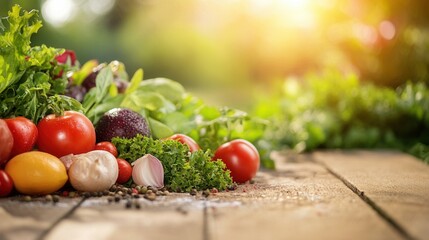 Fresh farm-to-table organic food arrangement, on blurred background 