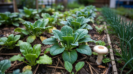 Organic Garden Patch with Young Cabbage Plants and a Mushroom Cultivating Healthy Food and Sustainable Living Practices