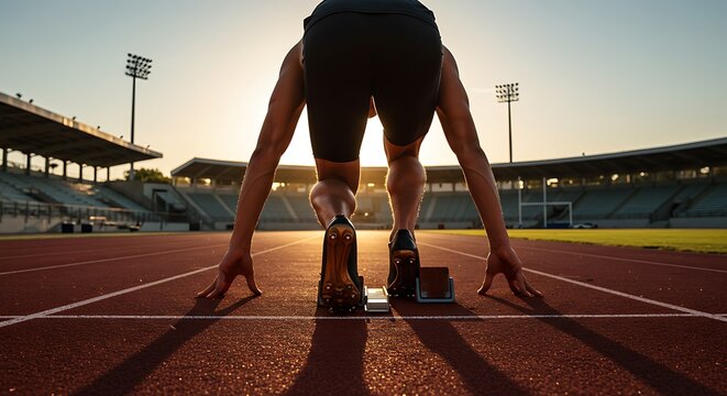 Determined athlete poised on starting blocks at an athletics stadium track, ready to sprint against the sunrise.