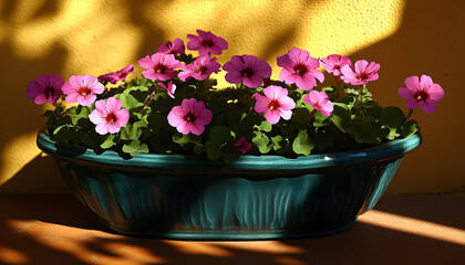 Naklejka premium Pink flowers in a teal planter on a wooden surface