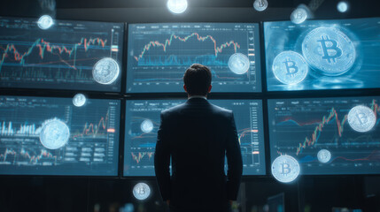 Analyzing cryptocurrency trends financial hub digital data office environment close-up viewpoint investment insights