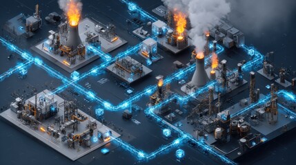 Isometric rendering of a quantum data center with futuristic energy flows and secure cloud links