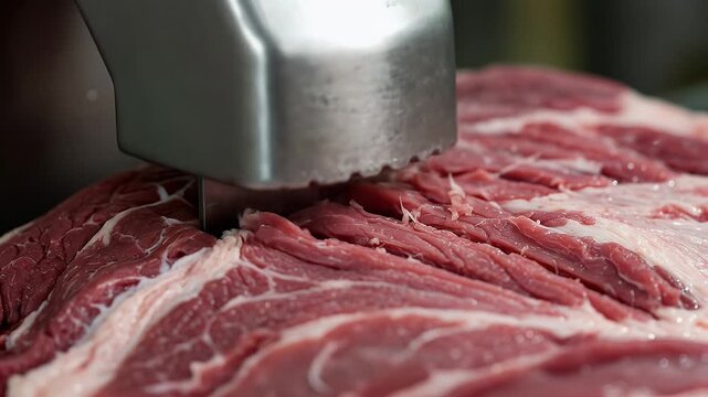 Close Up of Meat Tenderizer Piercing Red Meat for Food Preparation in Neutral Background  Demonstrating Culinary Precision and Freshness Meat Tenderization Process Unveiled Showcasing Raw Meat