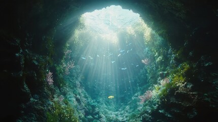 Sunlight streams into an underwater cave.