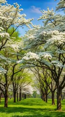 Obraz premium Dense foliage and vibrant flowers of flowering dogwood trees in a lush orchard during springtime