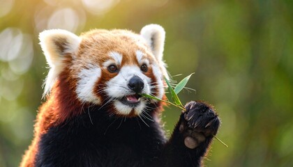 Fototapeta premium Adorable Red Panda Enjoying Bamboo Leaf, Close-Up Portrait, Natural Habitat