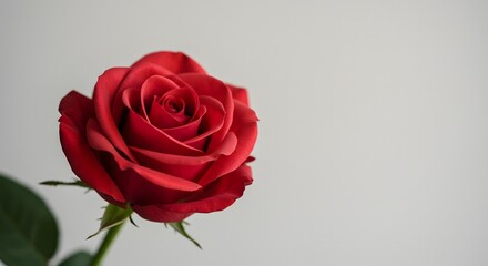 Obraz premium Close up shot of a vibrant red rose with green leaves against a plain white background in soft lighting