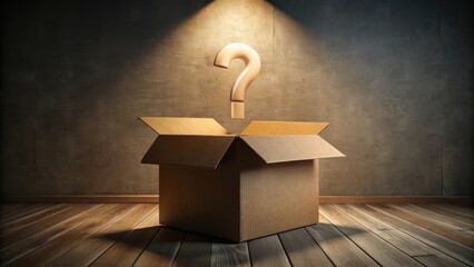 A minimalist mystery unfolds as a large cardboard box sits alone in a dimly lit room with an open flap and a question mark staring back at it