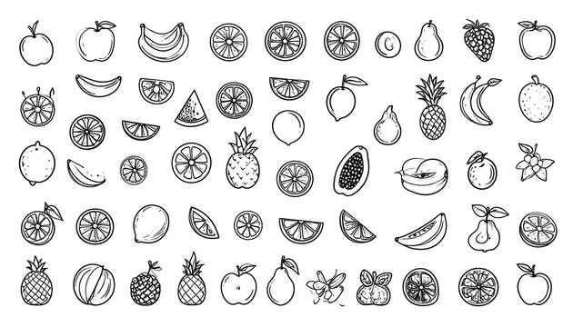 Collection of hand-drawn doodle fruits, monochrome vector illustrations, seamless pattern