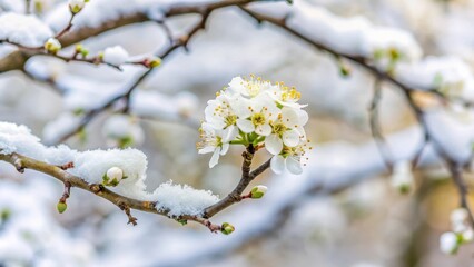Obraz premium delicate white hawthorn blossom on a bare tree branch in winter