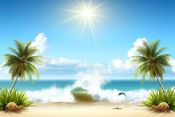 Obraz premium Serene Tropical Beach with Palm Trees and Gentle Ocean Waves