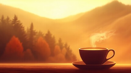 Freshly brewed coffee in a stylish cup with steam rising, elegant and inviting on blurred background 