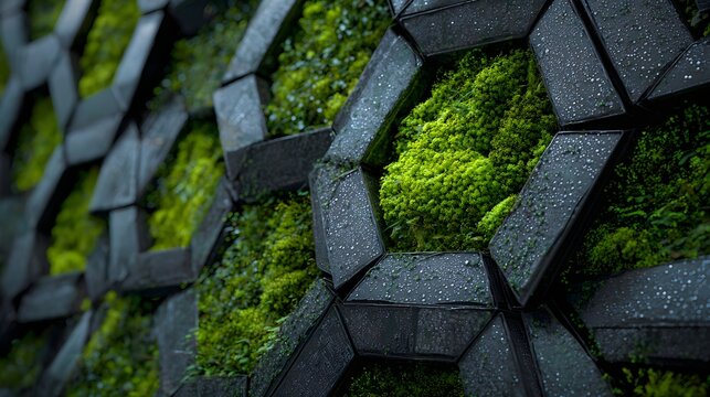 Close-up of a sustainable building facade with hexagonal panels and living moss, a concept for green technology and biophilic architecture
 - Powered by Adobe