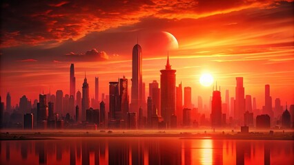 Fototapeta premium Sunset on a futuristic cityscape with a vibrant red gradient background