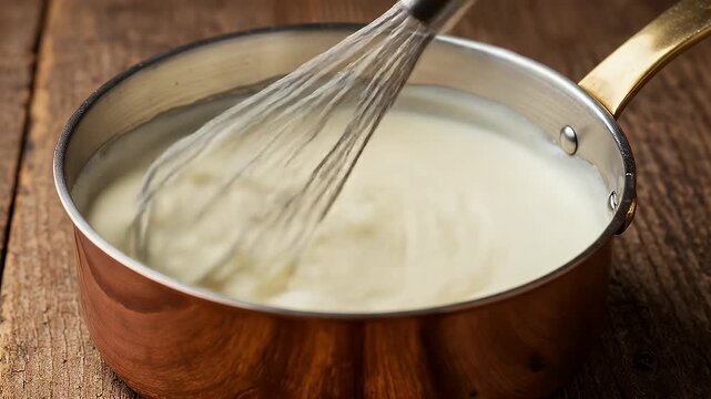 Creamy B?chamel Sauce Stirred Smoothly in Copper Pan with Wire Whisk on Rustic Wood Surface Animate Loopable Subtle Movement Culinary Creamy Texture for Cooking Recipe Foodie Preparation Adobe Stock