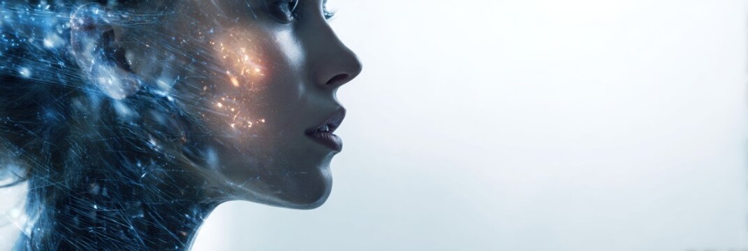 Futuristic Female Profile With Digital Aging Reversal Glow in High-Tech Laboratory Setting