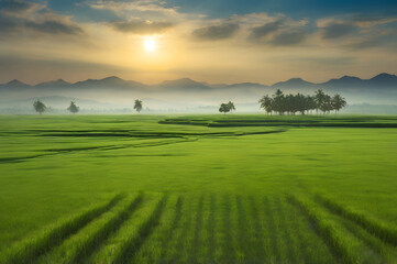Naklejka premium The sun shining through trees and morning mist in autumn in agricultural landscape