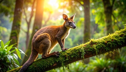 Naklejka premium Agile Wallaby perched on mossy branch in sun-drenched rainforest, Australia