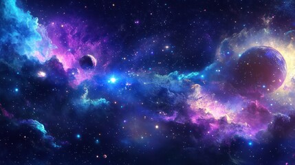 Naklejka premium Cosmic, vibrant, colorful nebula with planets