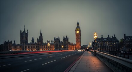 Obraz premium London Big Ben Tower and Houses of Parliament Night Scene with City Lights and Empty Road