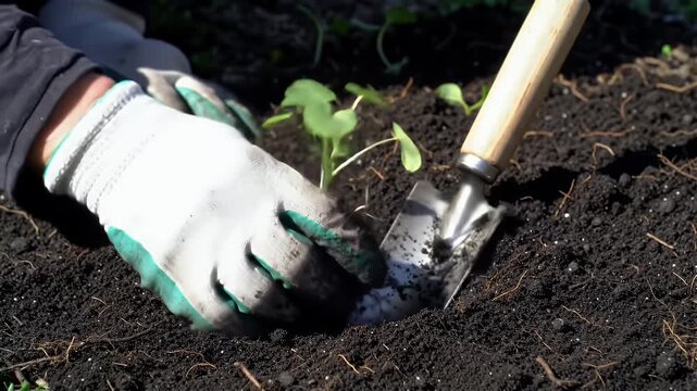 Gloved Hand Carefully Planting Nasturtium Seedling in Fertile Soil with Silver Trowel Under Sun Drenched Natural Lighting Close Up Gardening and Horticulture Video for Earth Day and Sustainable