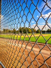 Obraz premium Chain link fence with empty baseball field in background