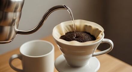 Hot Coffee Brewing in Pour-over Coffee Maker with Coffee Filter and Mug