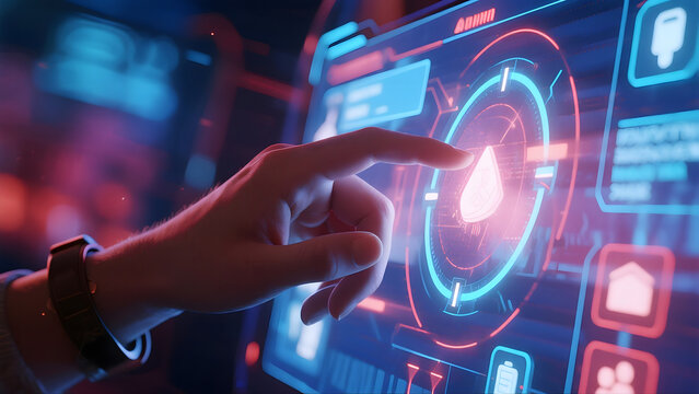 Futuristic user interface with a hand selecting a glowing liquid drop icon on a screen.