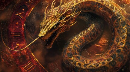 Obraz premium Golden Dragon Entwined Around Ancient Timepiece