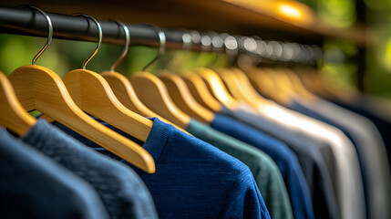 Close-up of various colored t-shirts hanging on wooden hangers on a rack.