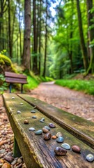 Small stones scattered on a wooden bench in a forest clearing