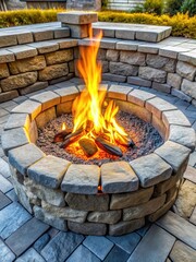 A warm fire crackles in a stone-lined pit on an outdoor terrace with gray stones surrounding it