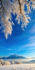 Frosty morning landscape with a bright blue winter sky and fluffy white clouds
