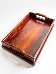 Elegant wooden serving tray with smooth polished surface and rich mahogany tones features a classic design ideal for displaying fine china or decorative items