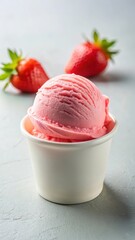 A cup of creamy strawberry ice cream with a single scoop of pinkish-red colored dessert sitting on a white surface