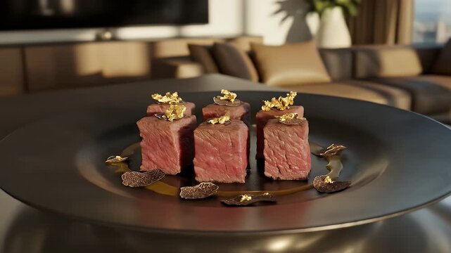 Exquisite Square Cut Beef Cubes Topped with Golden Flakes on Black Plate in Modern Living Room A Culinary Masterpiece Enhanced by Natural Lighting and Smooth Animation Perfect for Upscale Dining