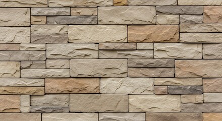 Fototapeta premium A close up of a wall made of light brown and gray rectangular stone bricks pattern
