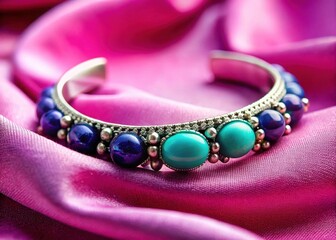 Ornate turquoise and lapis lazuli bead cuff adorned with gleaming sterling silver accents nestled on a plush pink satin cloth