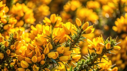 Detail shot of sun-kissed yellow gorse bush with intricate flowers