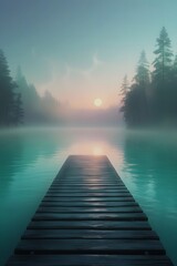 Naklejka premium Cinematic Foggy Lake Pier at Dawn – Mystical Mist, Teal Water, Solitude, Nature Art Scene.