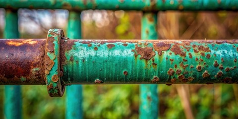 Weathered iron pipe with deep emerald green patina on old fence railing